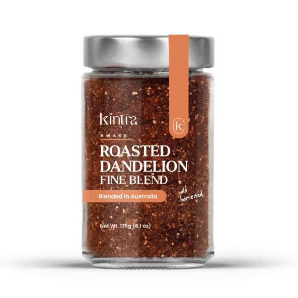 Kintra Roast Dandelion Fine Blend loose leaf tea in a 175g glass jar